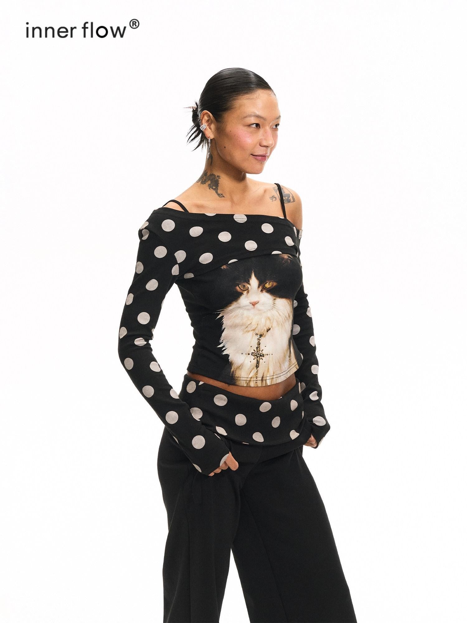 innerflow Khaki Polka Overlay Cat Cami Black Polka Pants Women&