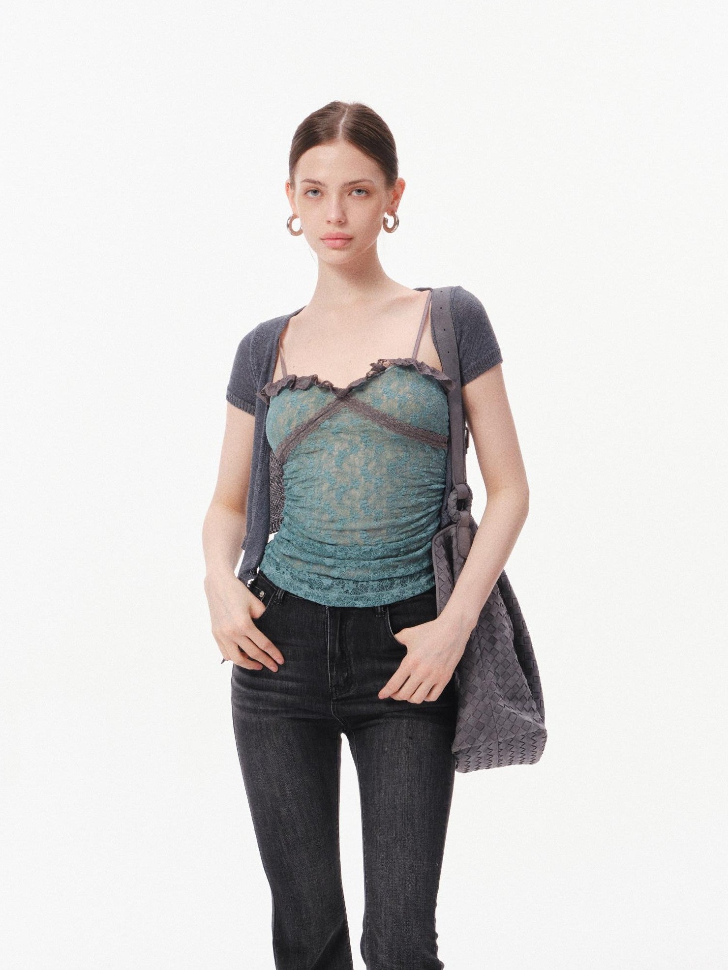 innerflow Layered Green Lace Cami Gray Crop Outer Women&