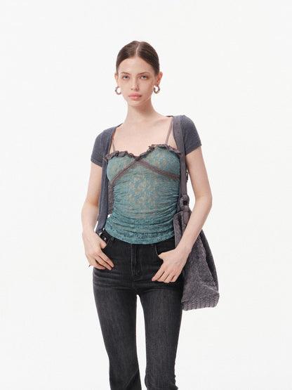 innerflow Layered Green Lace Cami Gray Crop Outer Women&