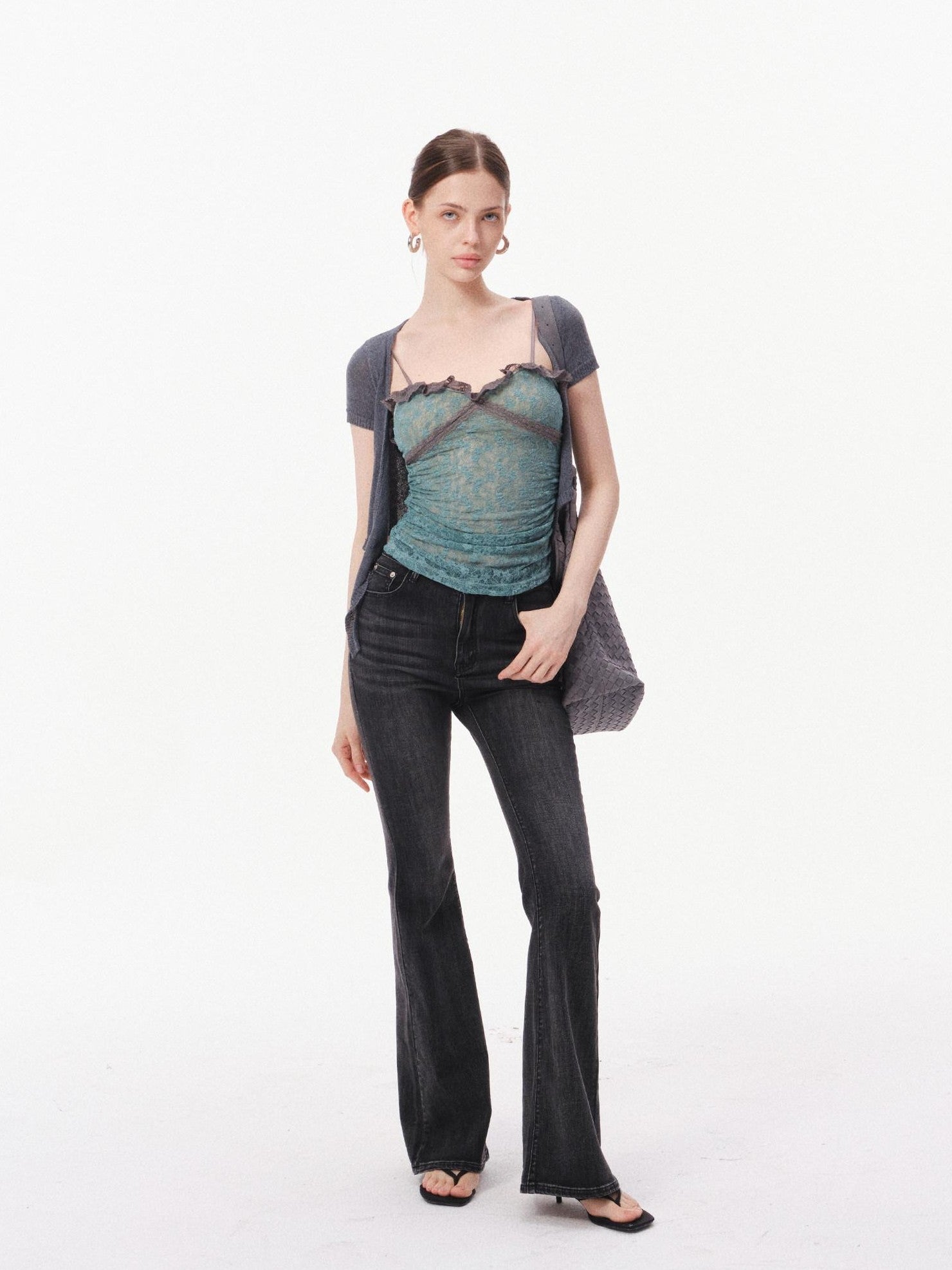 innerflow Layered Green Lace Cami Gray Crop Outer Women&
