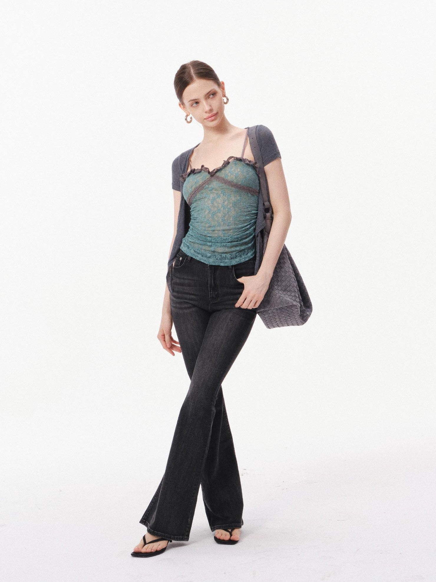 innerflow Layered Green Lace Cami Gray Crop Outer Women&