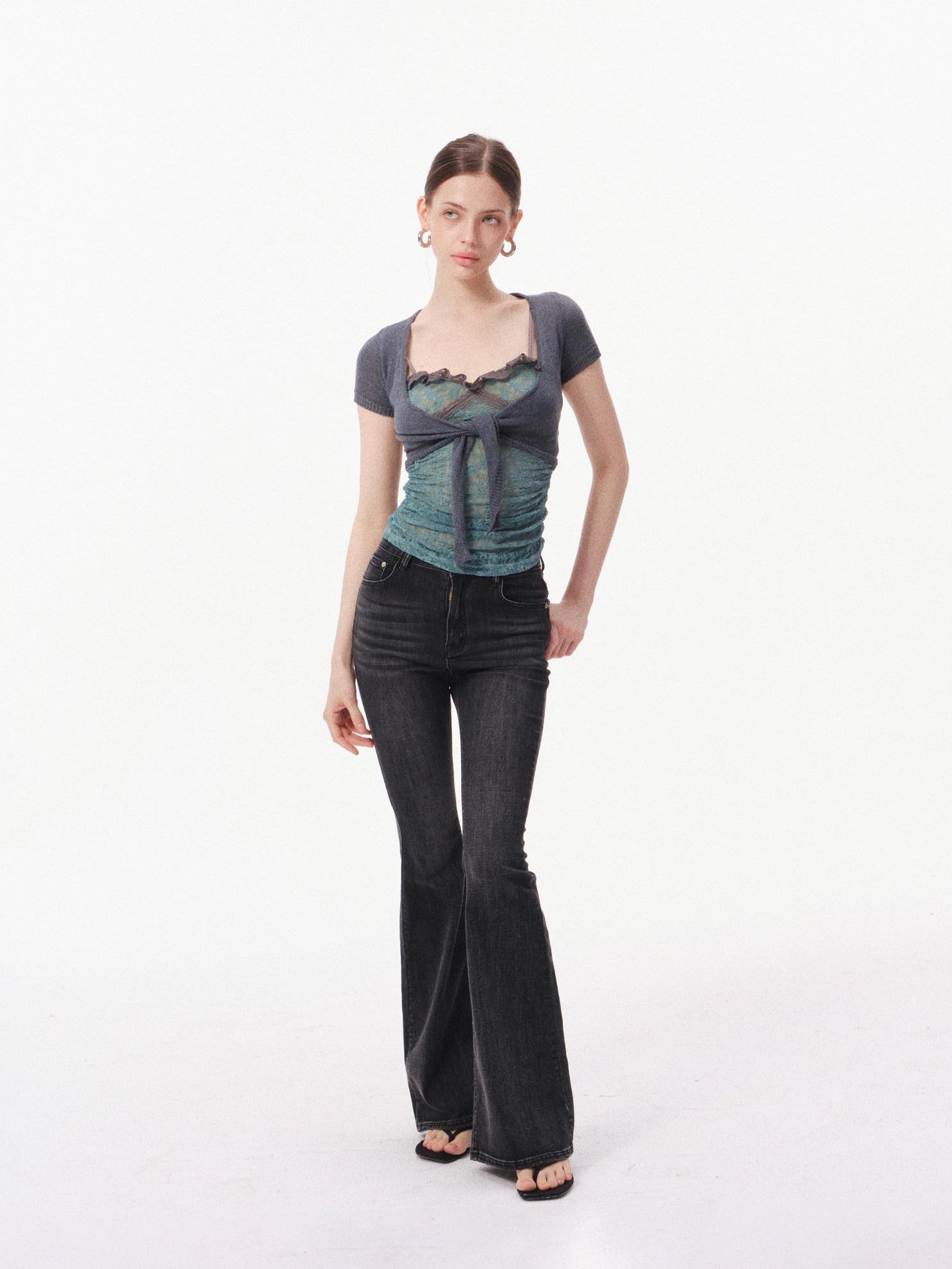 innerflow Layered Green Lace Cami Gray Crop Outer Women&