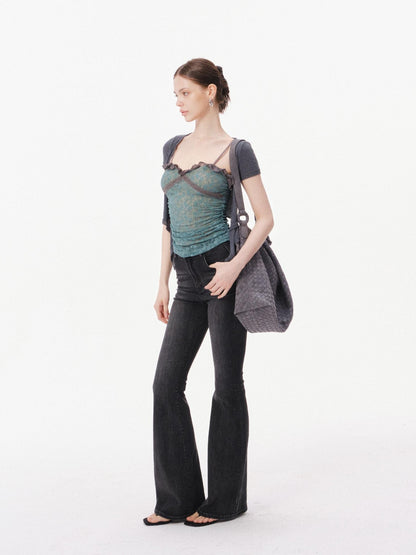 innerflow Layered Green Lace Cami Gray Crop Outer Women&