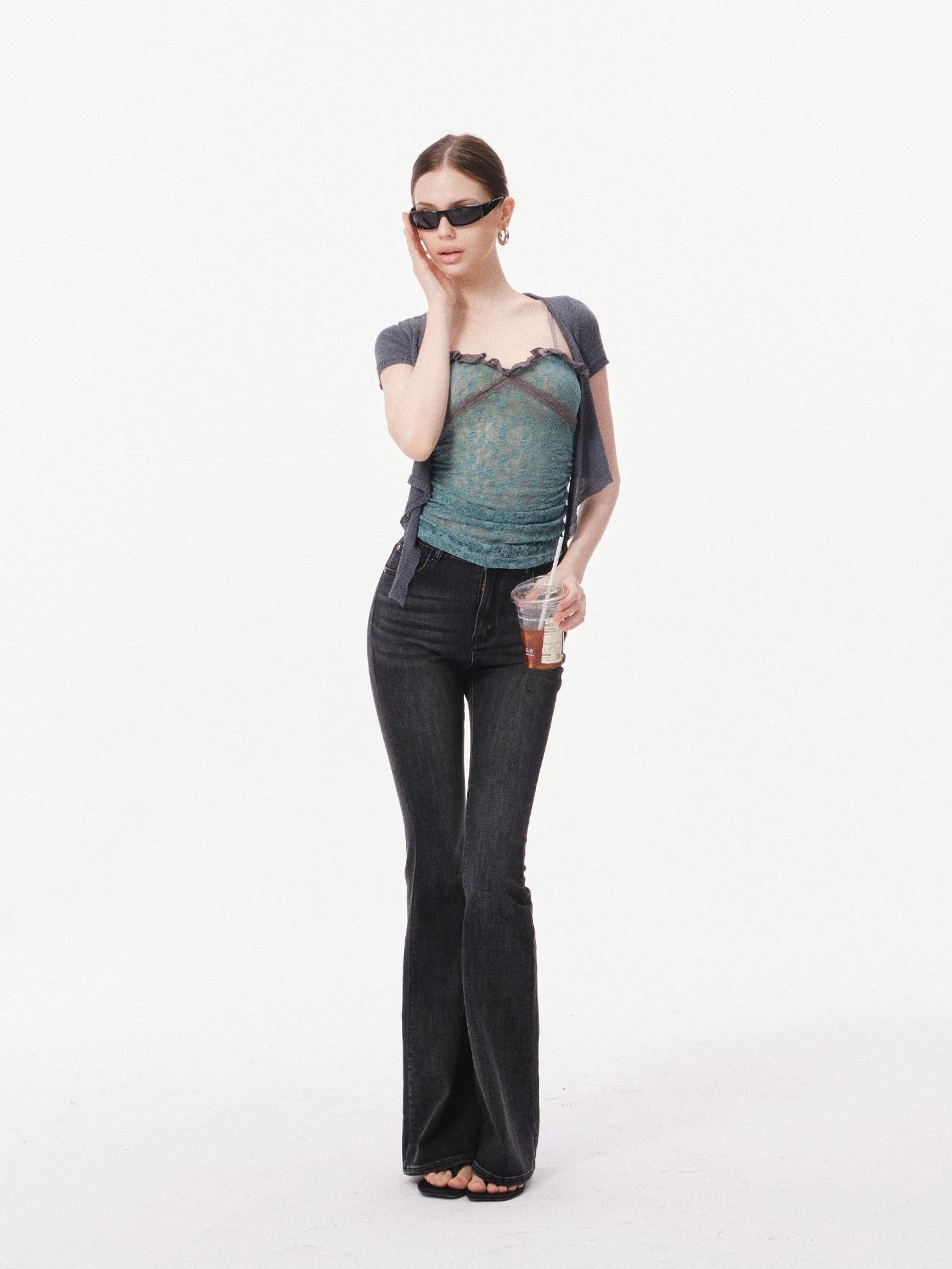 innerflow Layered Green Lace Cami Gray Crop Outer Women&