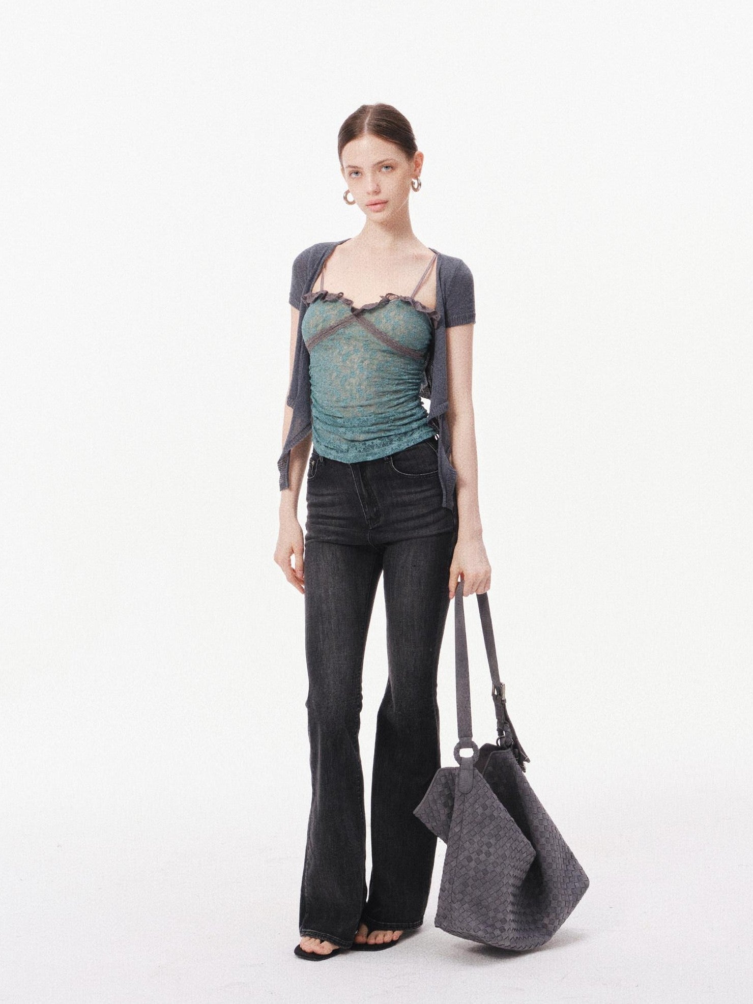 innerflow Layered Green Lace Cami Gray Crop Outer Women&