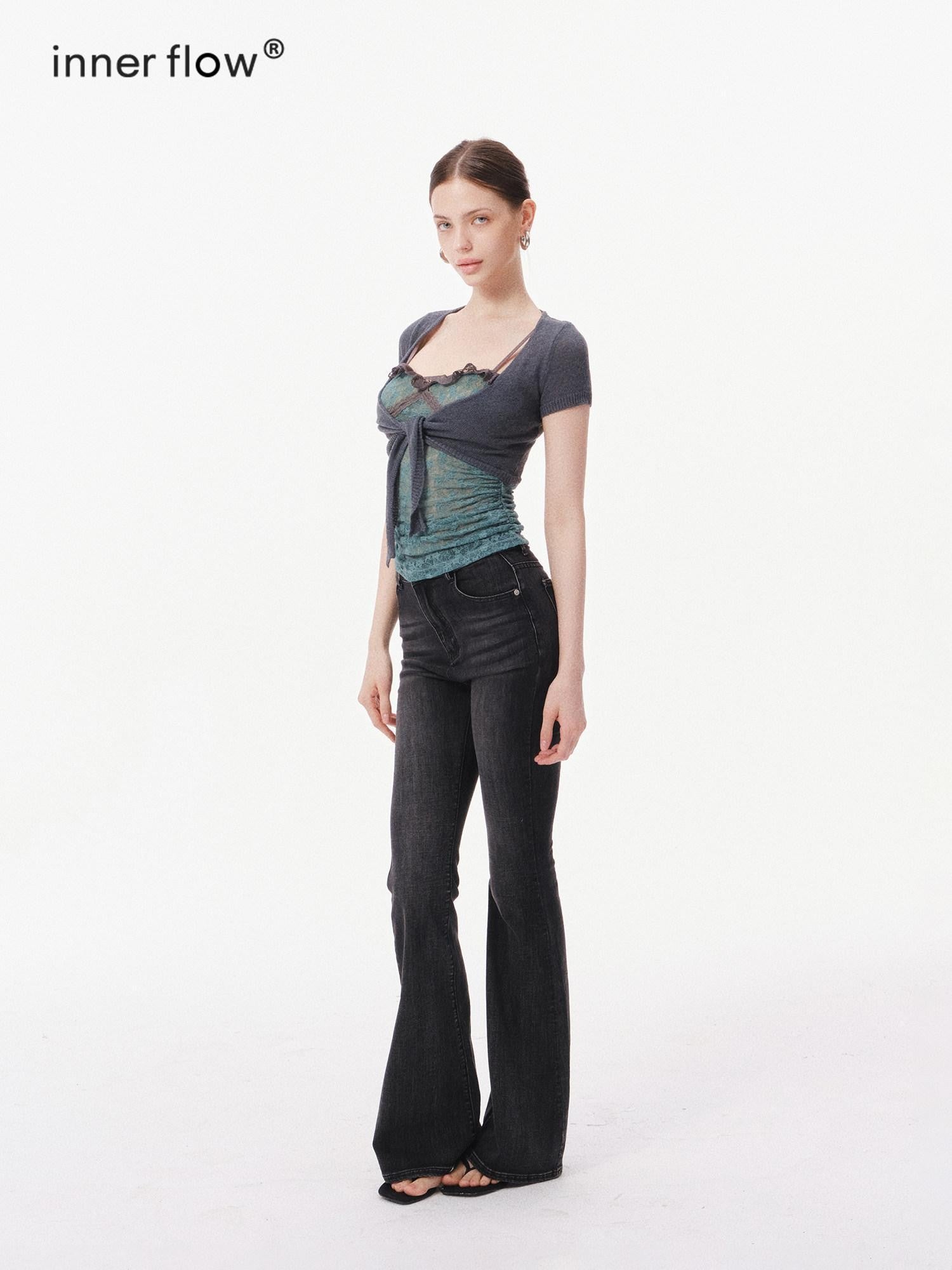 innerflow Layered Green Lace Cami Gray Crop Outer Women&
