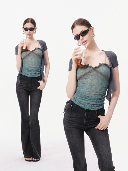 innerflow Layered Green Lace Cami Gray Crop Outer Women&