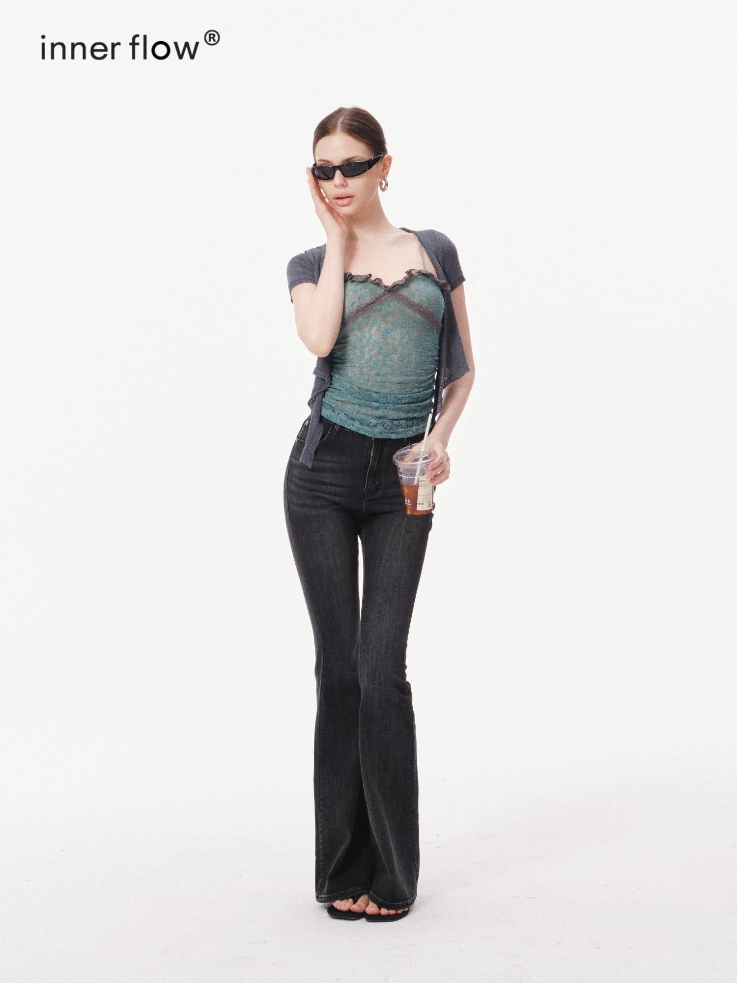 innerflow Layered Green Lace Cami Gray Crop Outer Women&