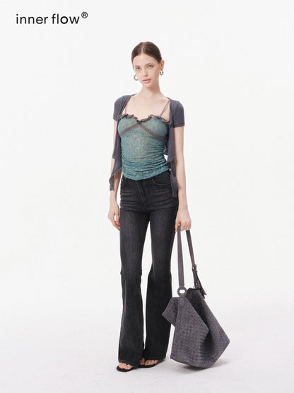innerflow Layered Green Lace Cami Gray Crop Outer Women&