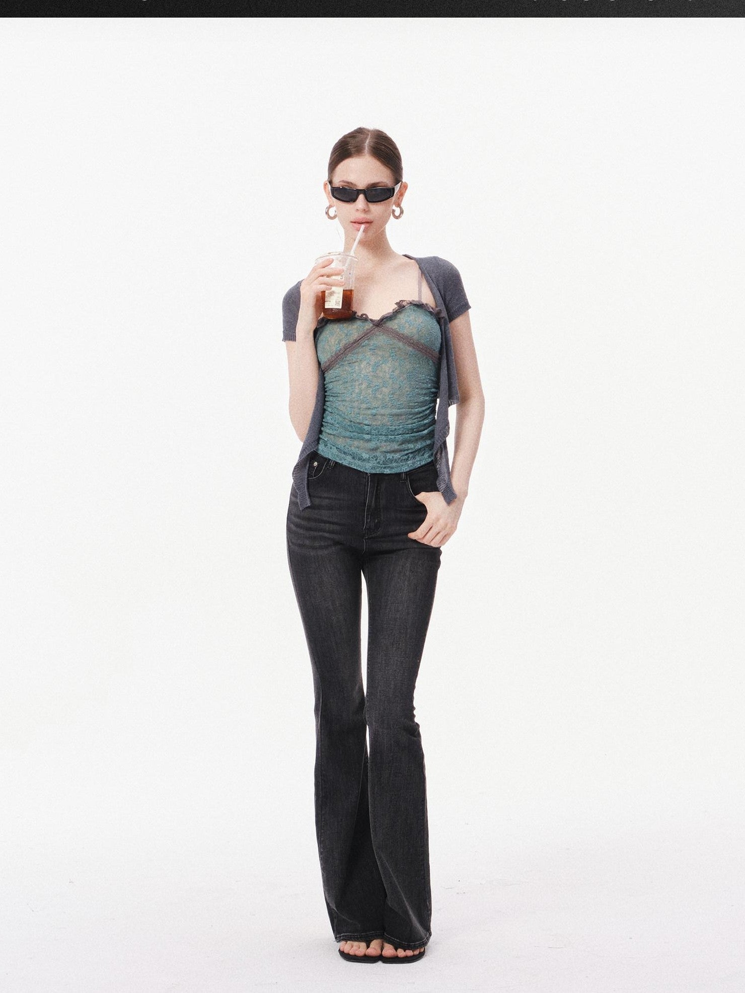 innerflow Layered Green Lace Cami Gray Crop Outer Women&
