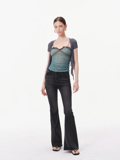 innerflow Layered Green Lace Cami Gray Crop Outer Women&