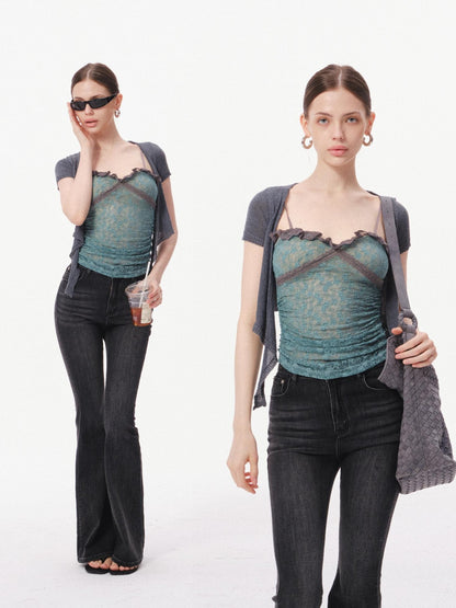 innerflow Layered Green Lace Cami Gray Crop Outer Women&