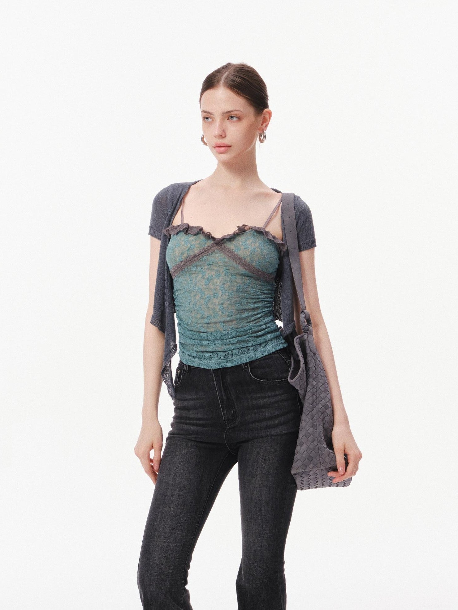 innerflow Layered Green Lace Cami Gray Crop Outer Women&