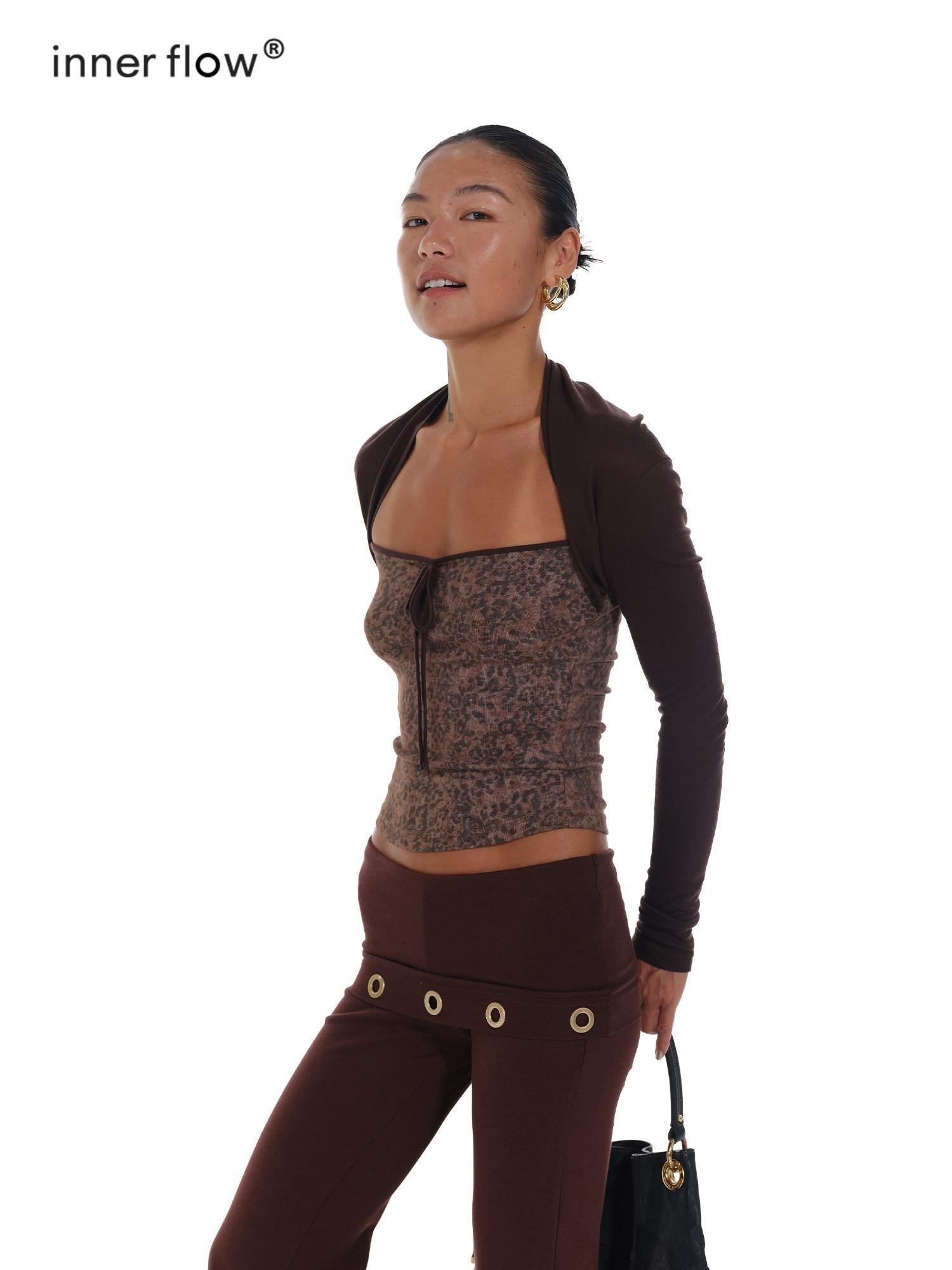 innerflow Leopard Colorblock Faux Layered Women&