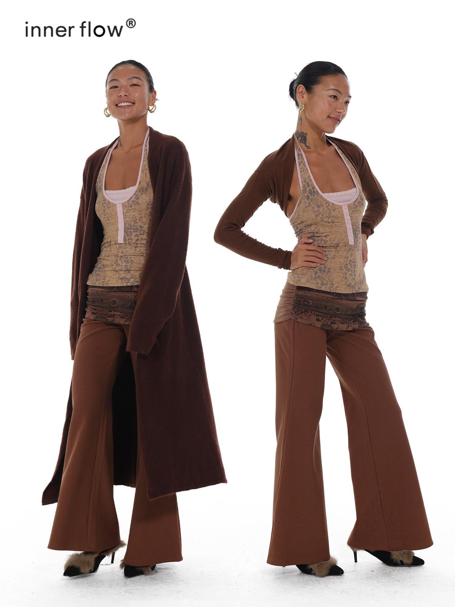 innerflow Leopard Colorblock High Stretch Faux Layered Women&