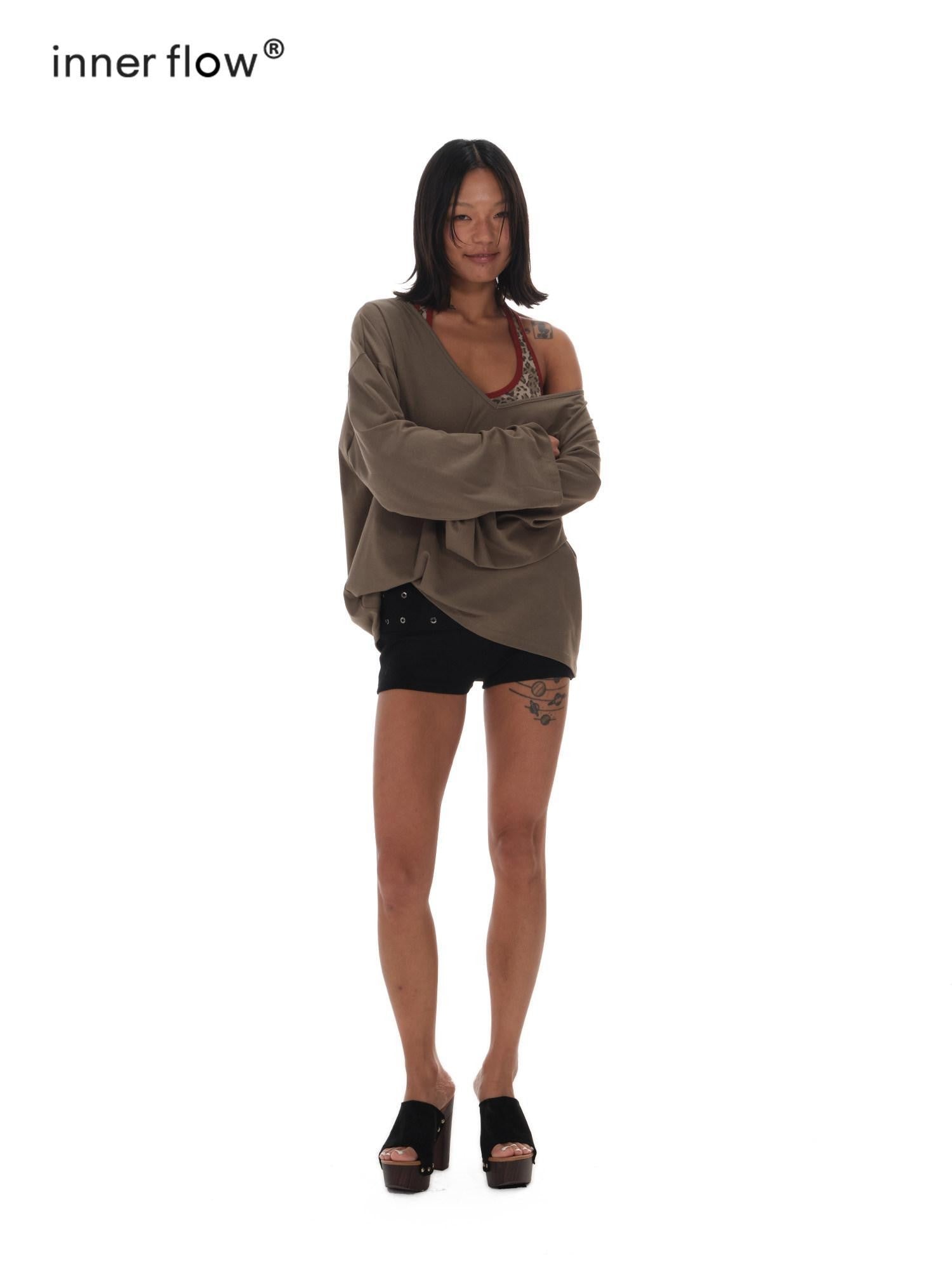 innerflow Leopard Print Asymmetric Shoulder Loose Lettered Women&