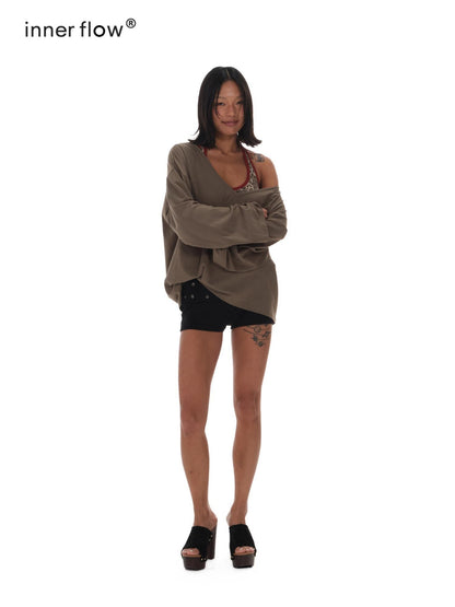 innerflow Leopard Print Asymmetric Shoulder Loose Lettered Women&