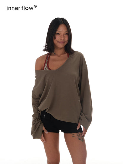 innerflow Leopard Print Asymmetric Shoulder Loose Lettered Women&