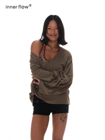 innerflow Leopard Print Asymmetric Shoulder Loose Lettered Women&