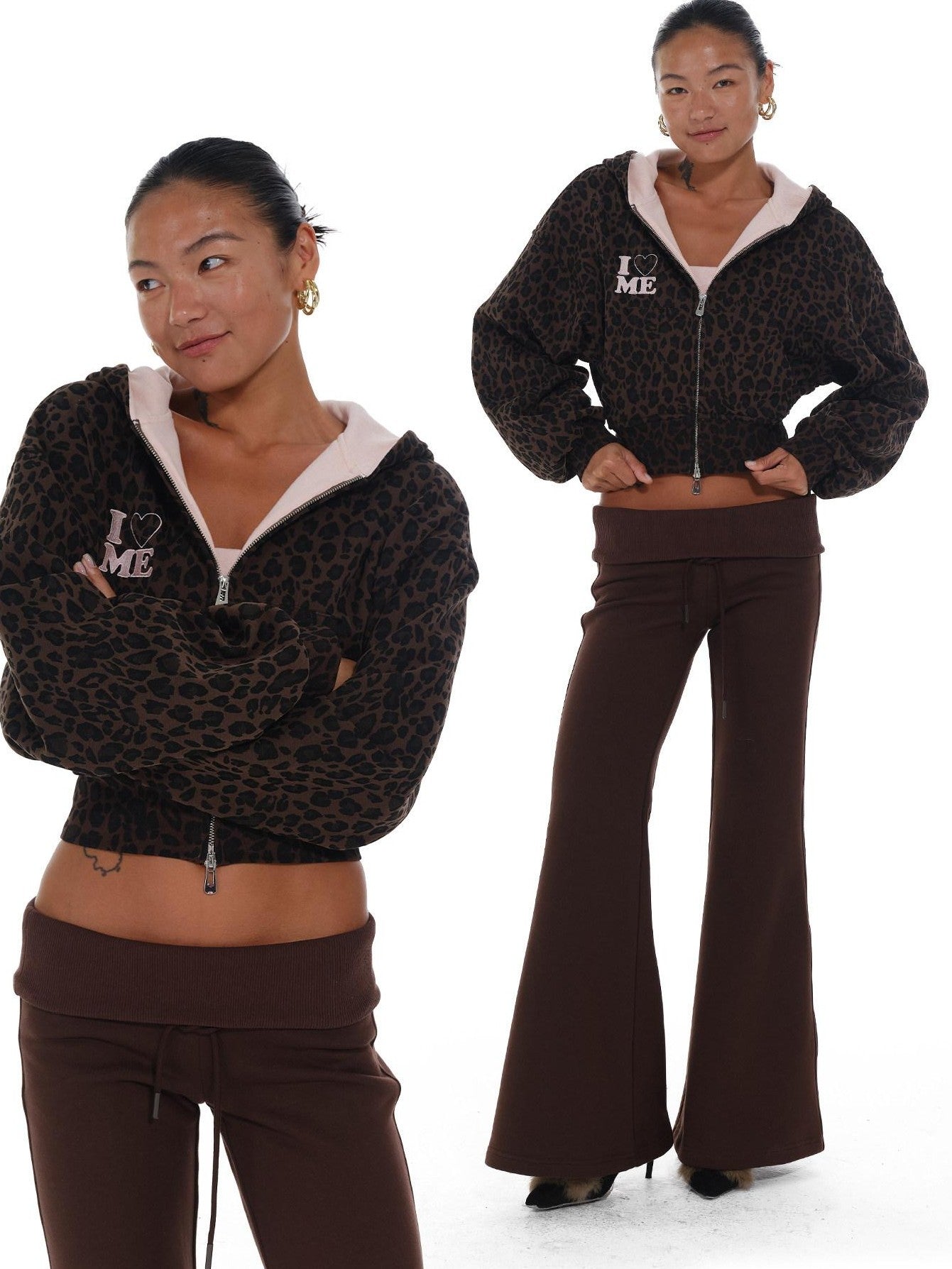 innerflow Leopard Print Pink Embroidered Loose Short Women&