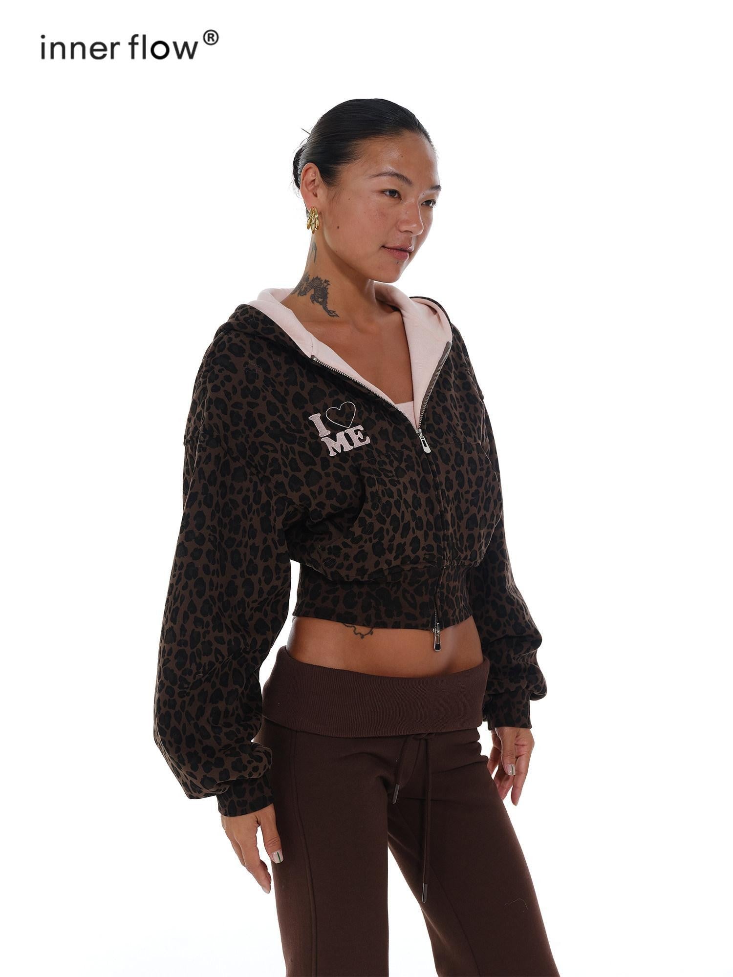 innerflow Leopard Print Pink Embroidered Loose Short Women&