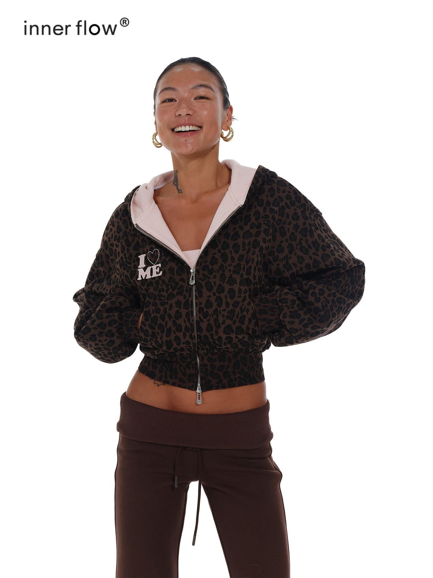 innerflow Leopard Print Pink Embroidered Loose Short Women&