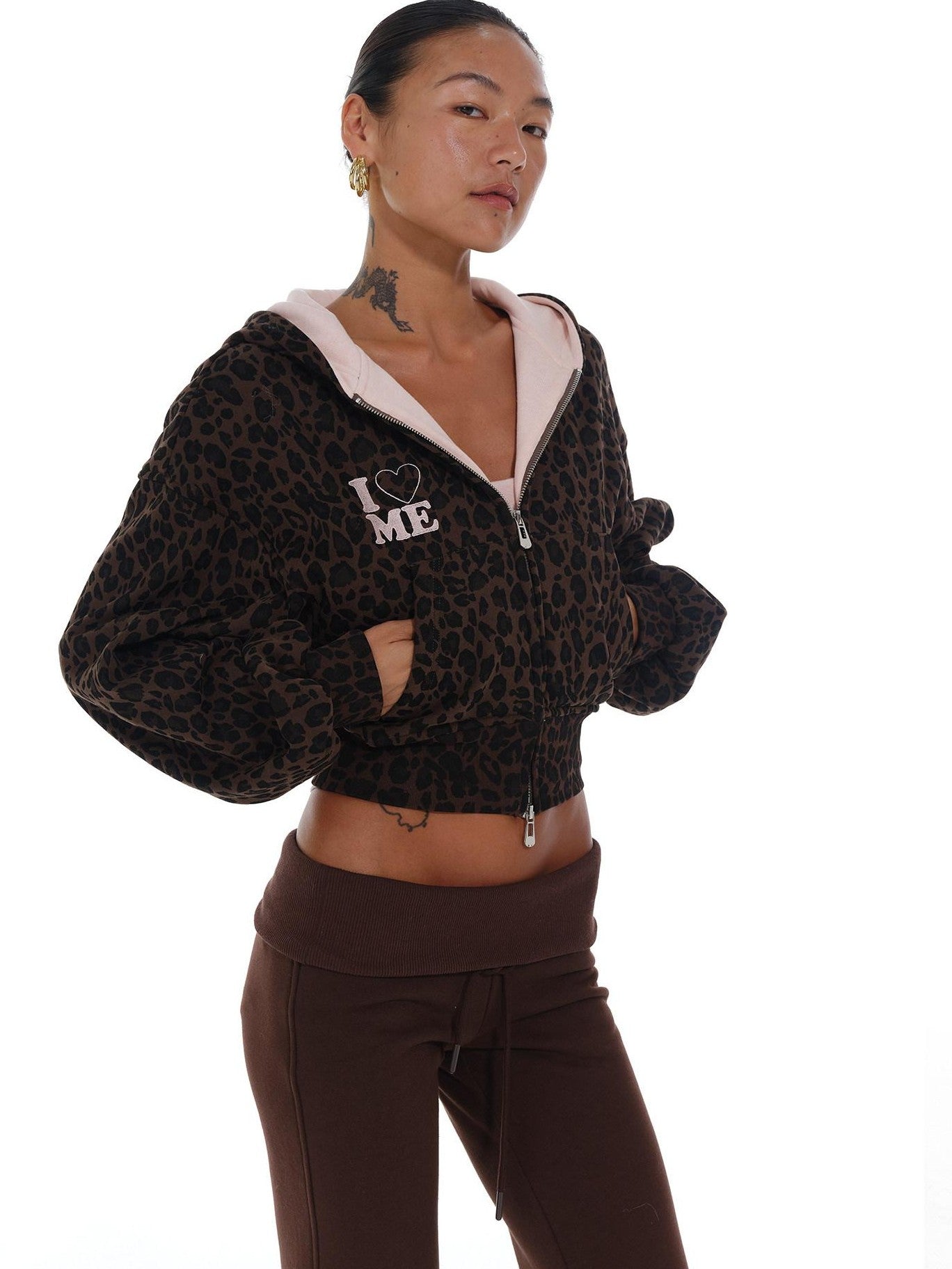 innerflow Leopard Print Pink Embroidered Loose Short Women&