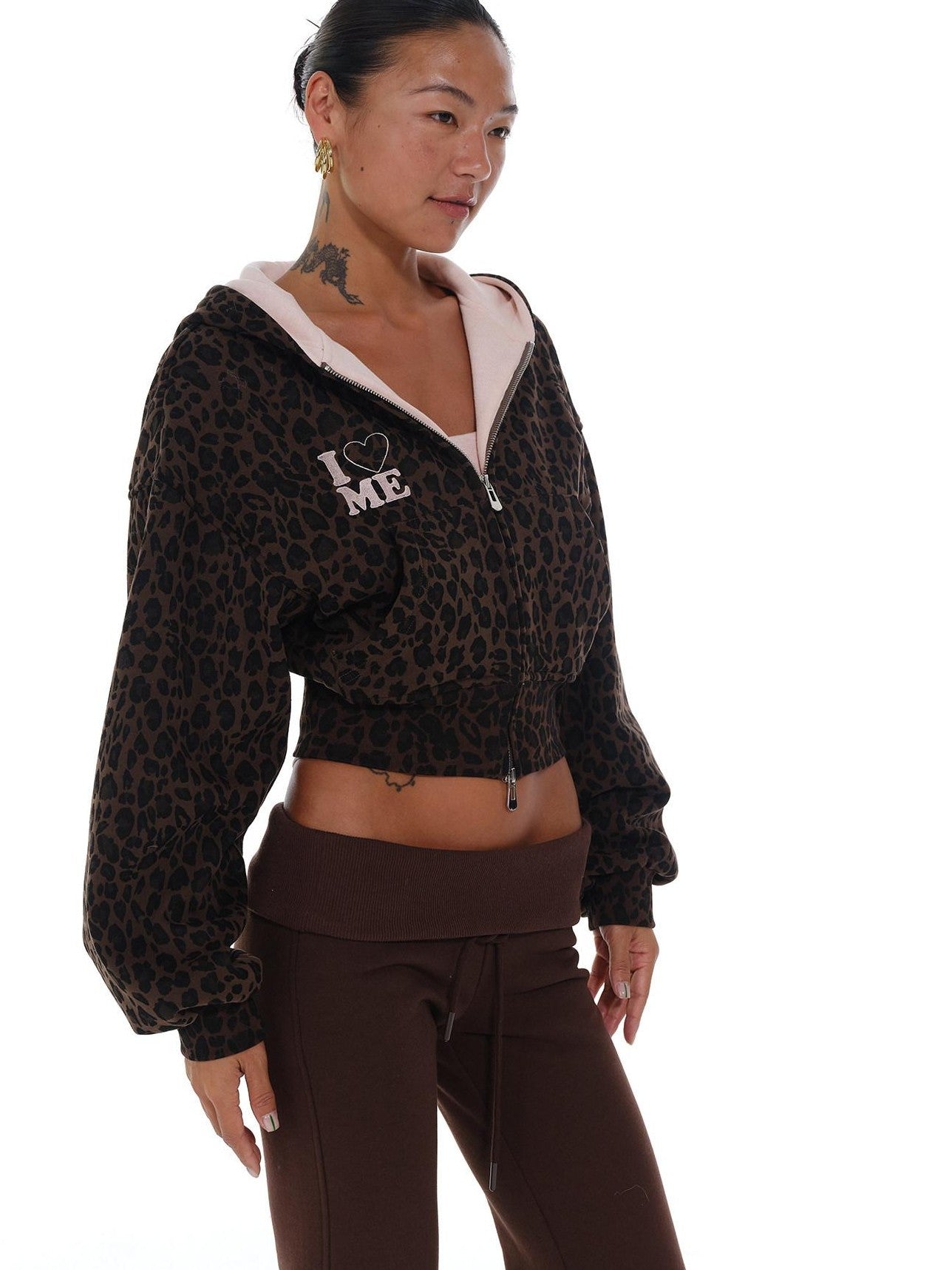 innerflow Leopard Print Pink Embroidered Loose Short Women&