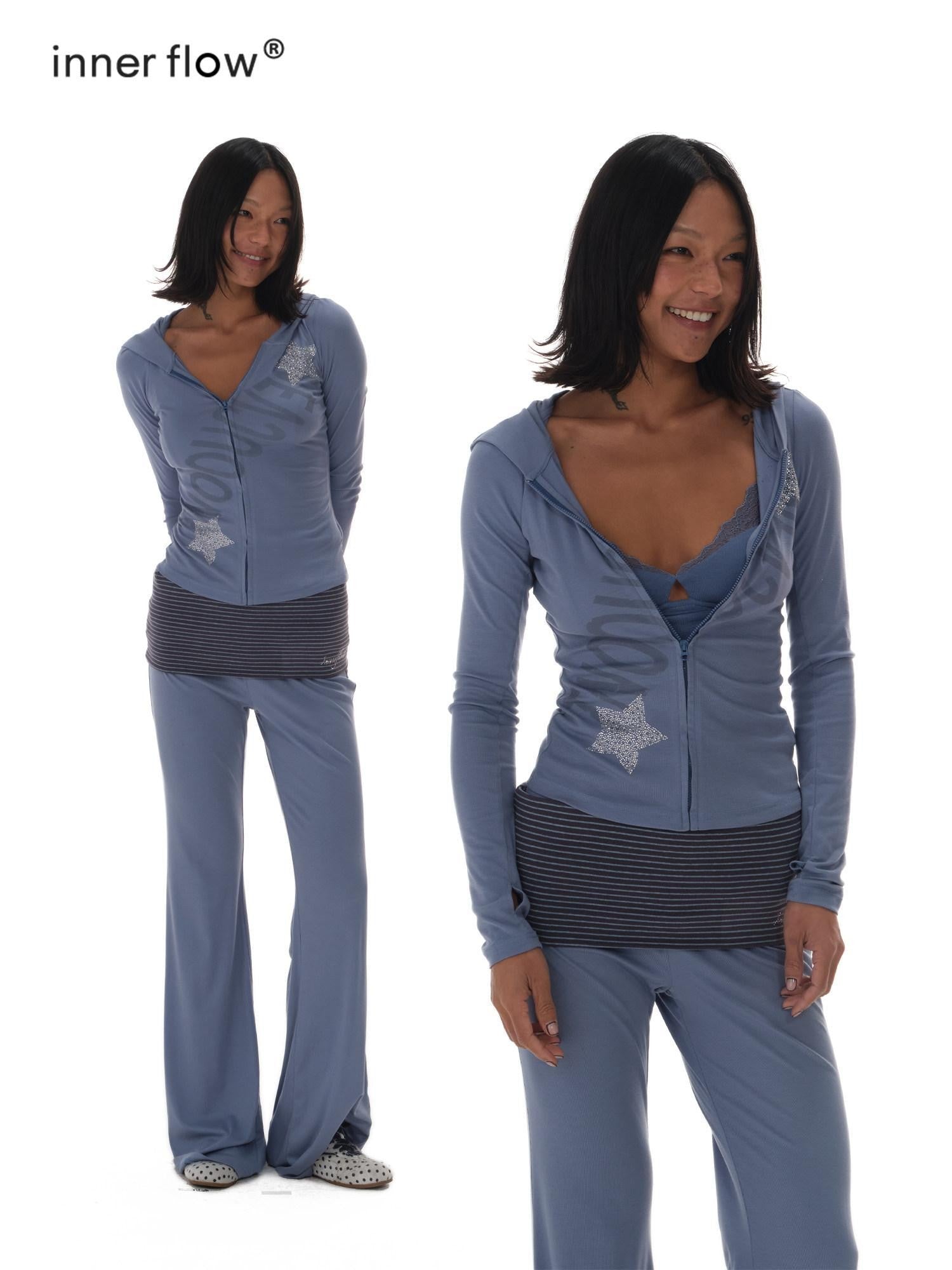 innerflow Letter Print Hooded Slim Long Sleeve Women&
