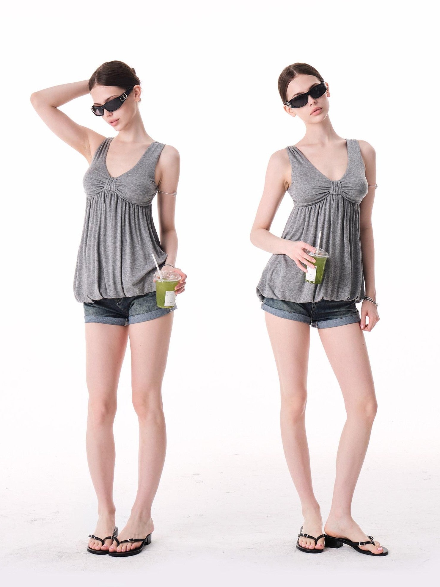 innerflow Light Mist Gray V-neck Ruched Peplum Women&