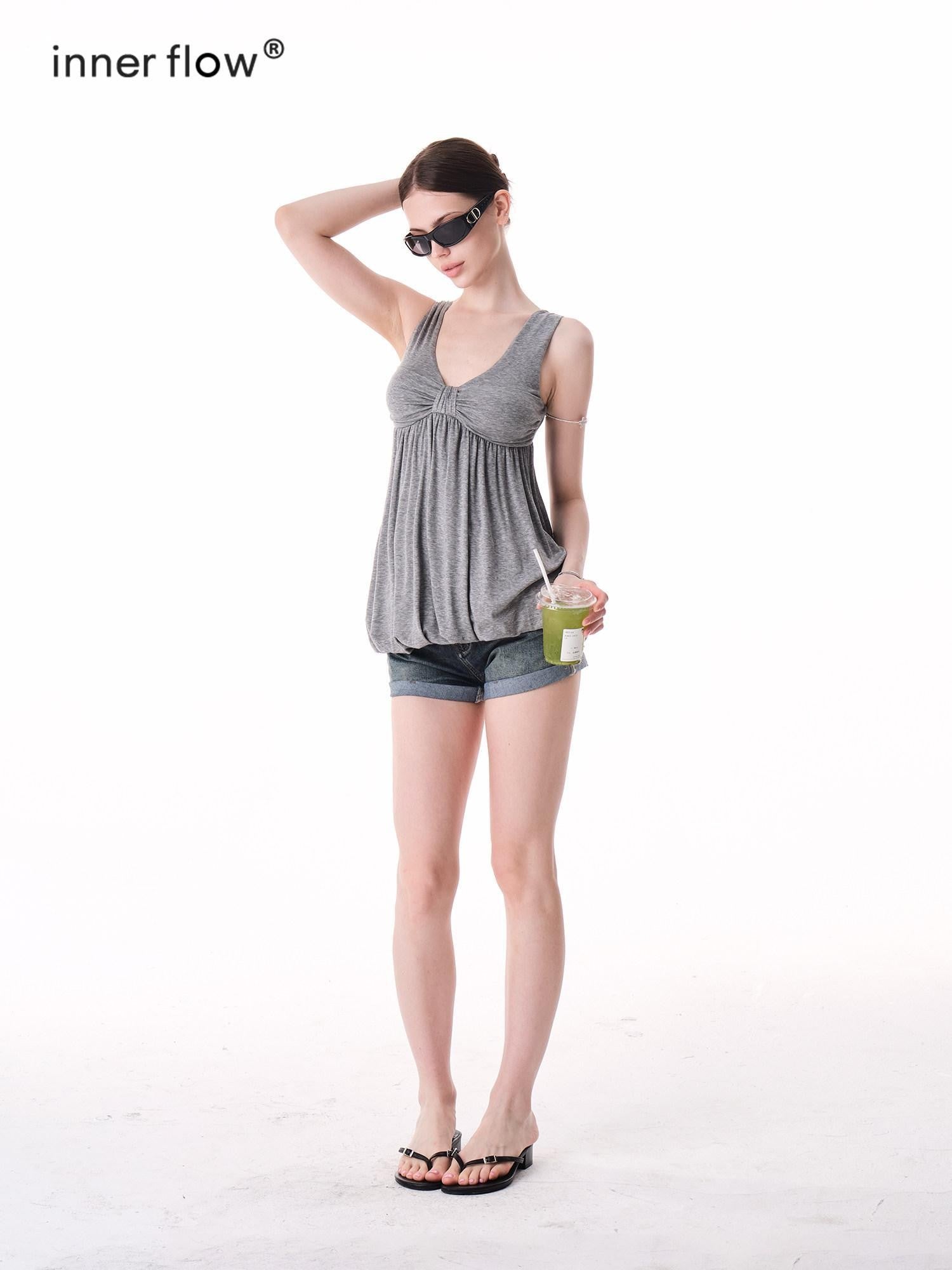 innerflow Light Mist Gray V-neck Ruched Peplum Women&