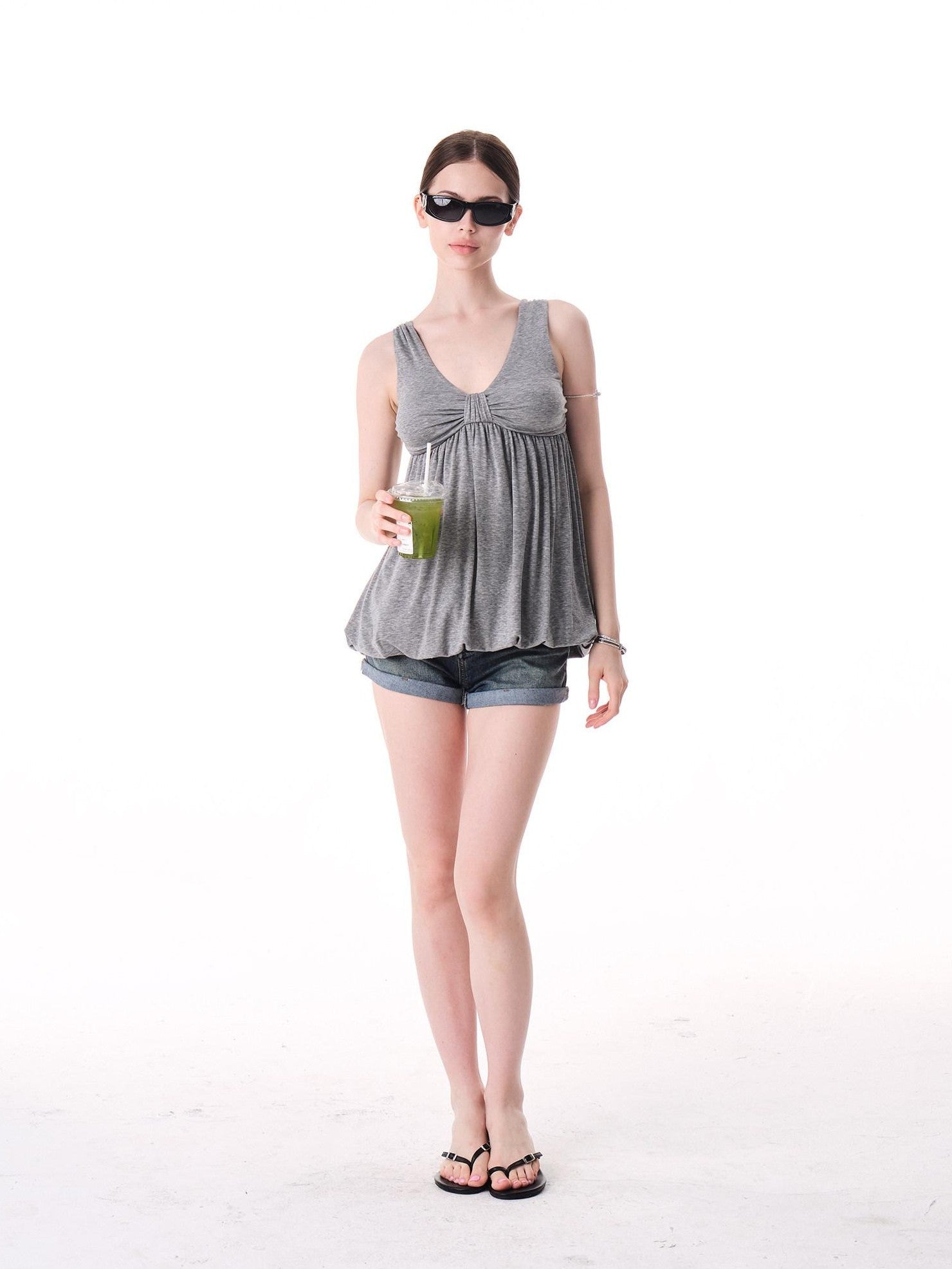 innerflow Light Mist Gray V-neck Ruched Peplum Women&