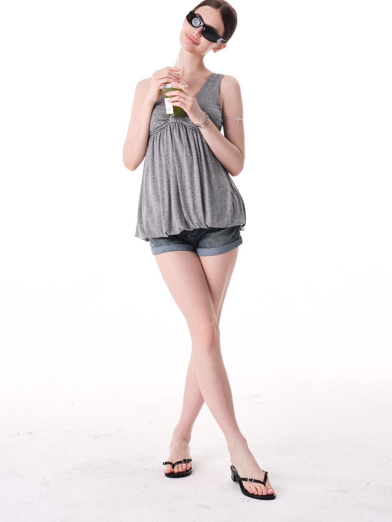 innerflow Light Mist Gray V-neck Ruched Peplum Women&