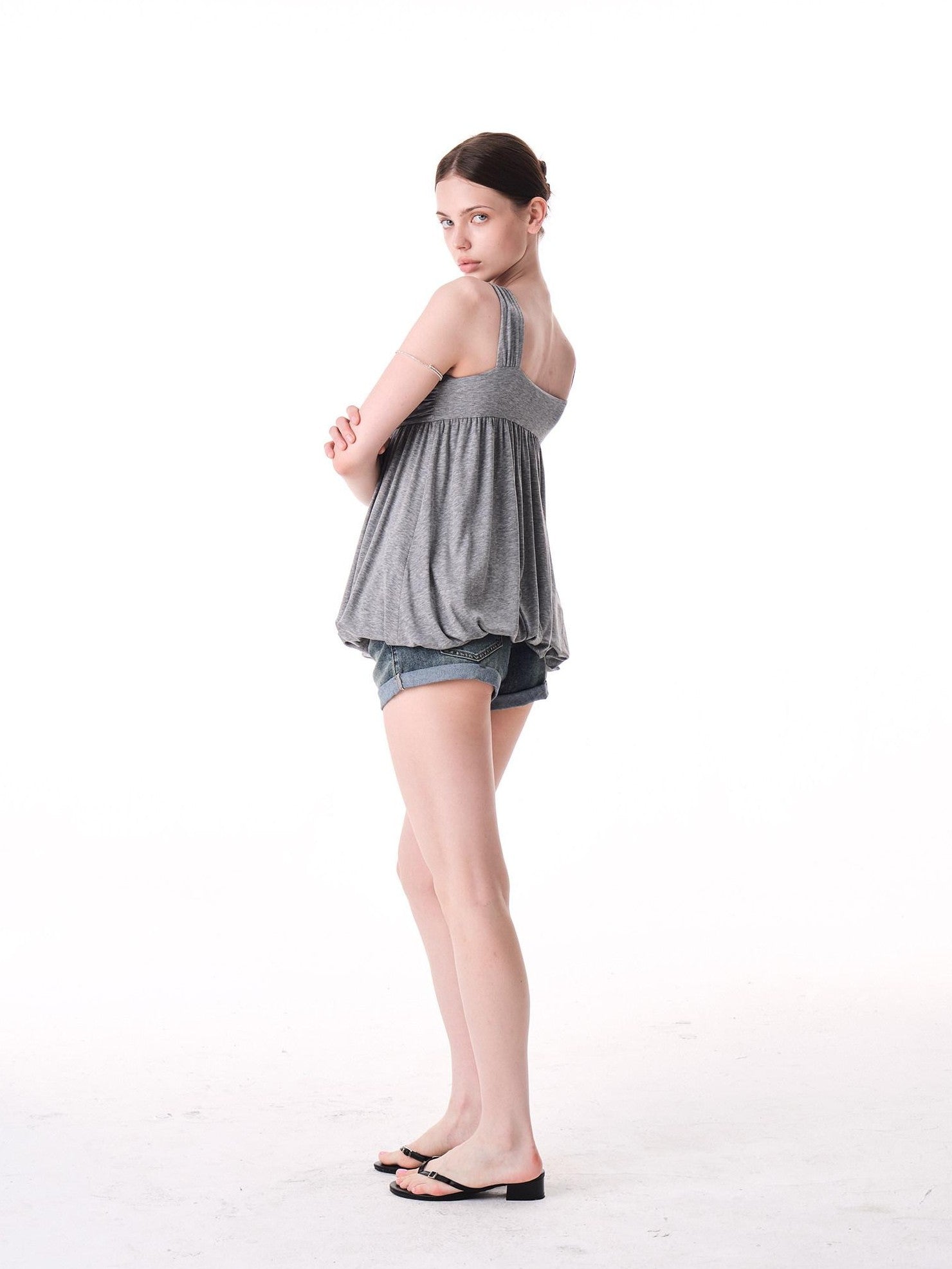 innerflow Light Mist Gray V-neck Ruched Peplum Women&