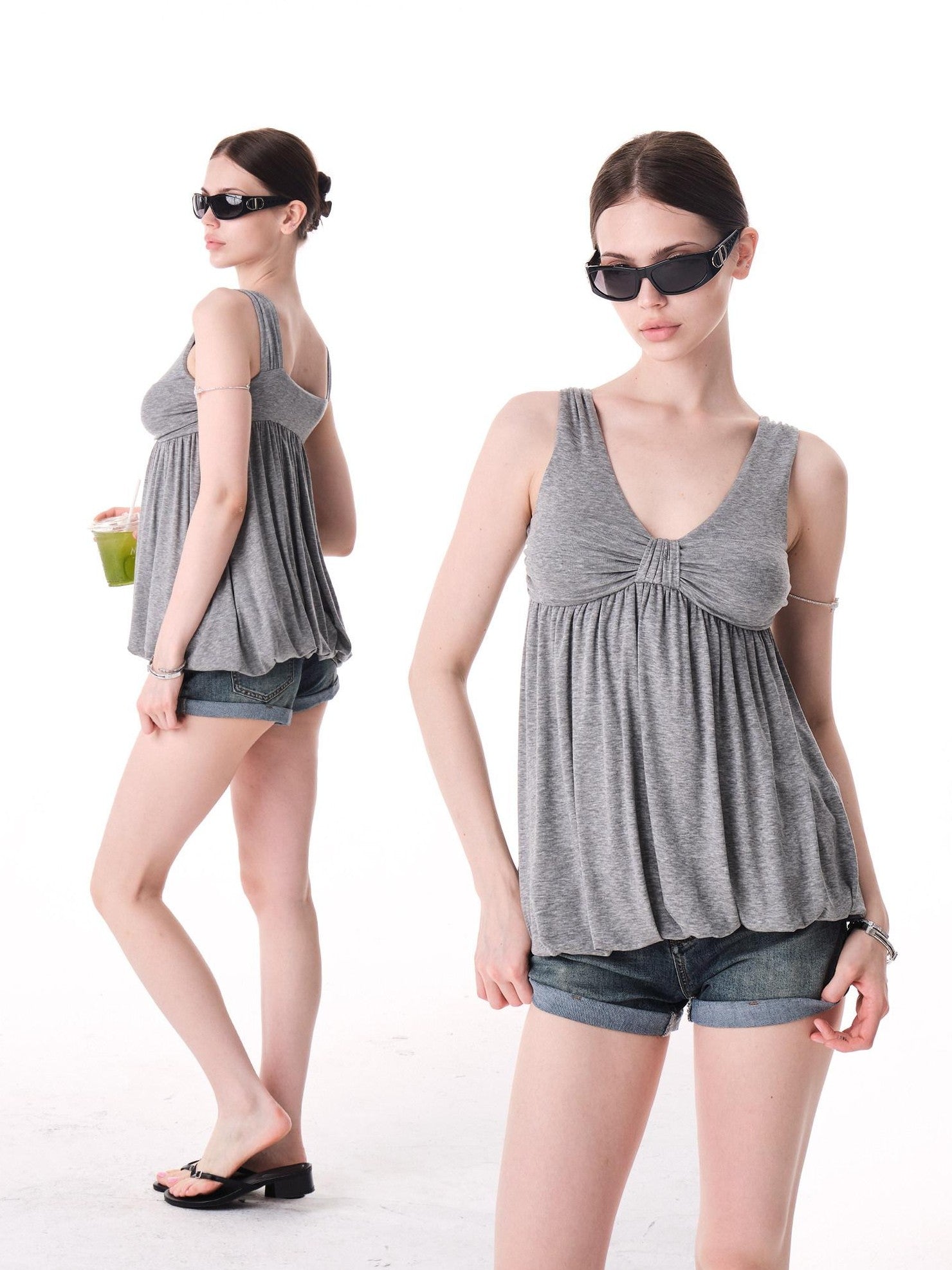 innerflow Light Mist Gray V-neck Ruched Peplum Women&