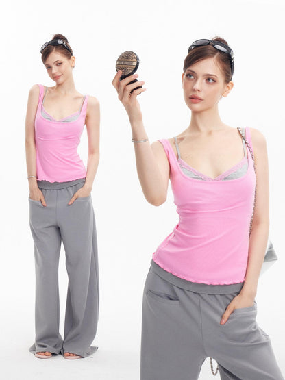innerflow Magenta Lace Trim U Neck Padded Two Piece Women&