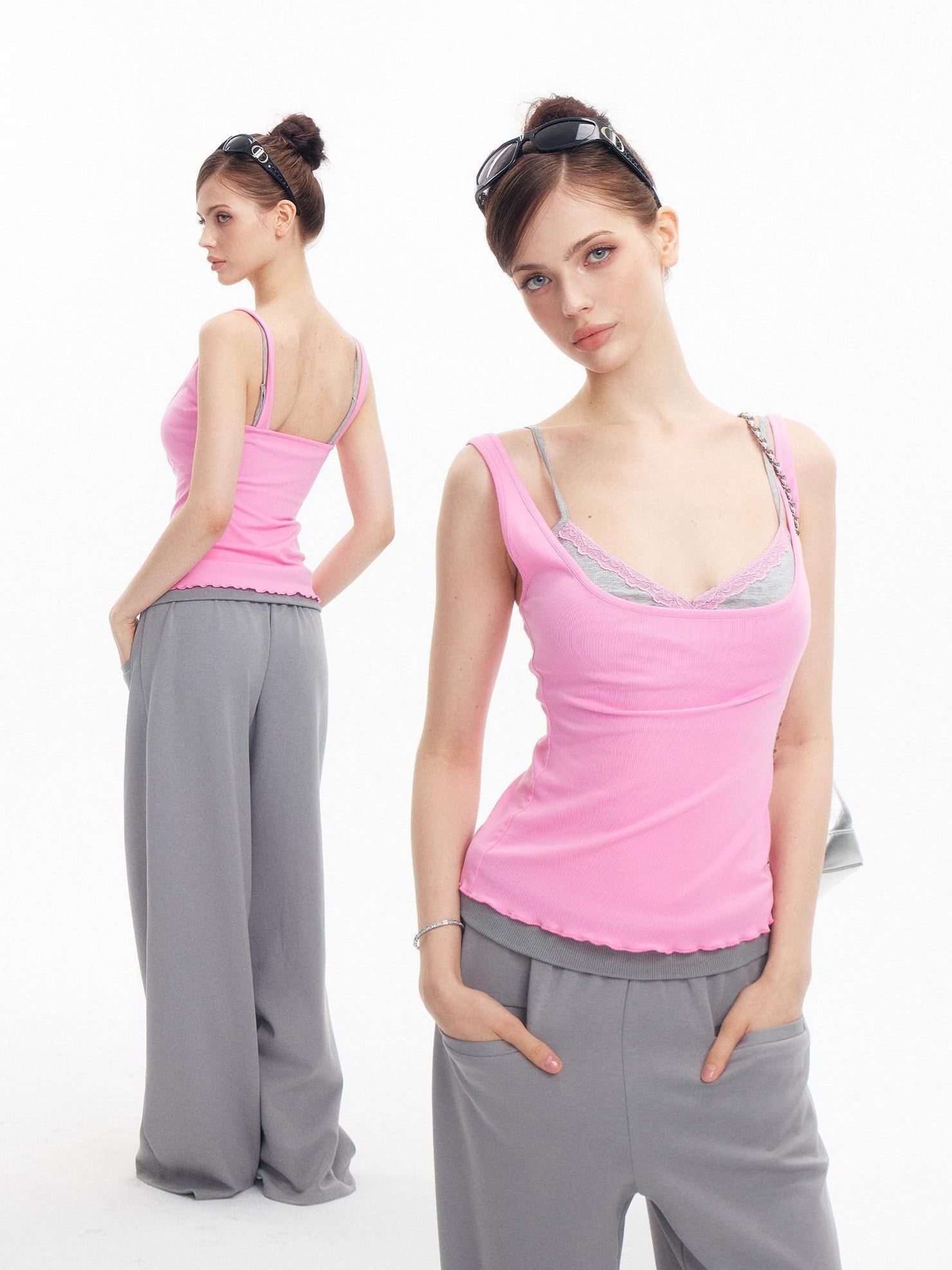 innerflow Magenta Lace Trim U Neck Padded Two Piece Women&