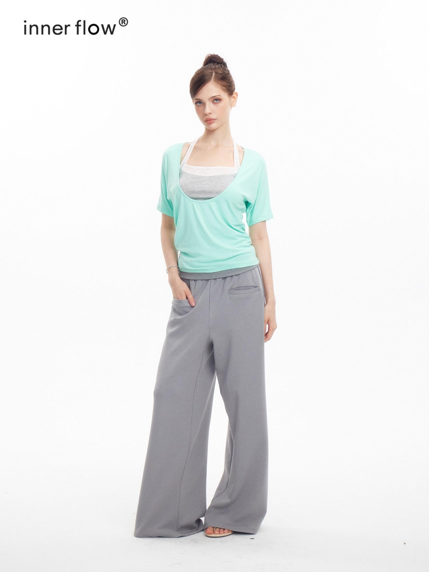 innerflow Mint Green Gray Lace Slim U Neck Halter Women&