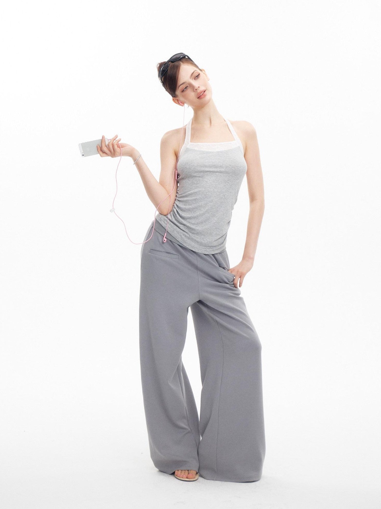 innerflow Mint Green Gray Lace Slim U Neck Halter Women&