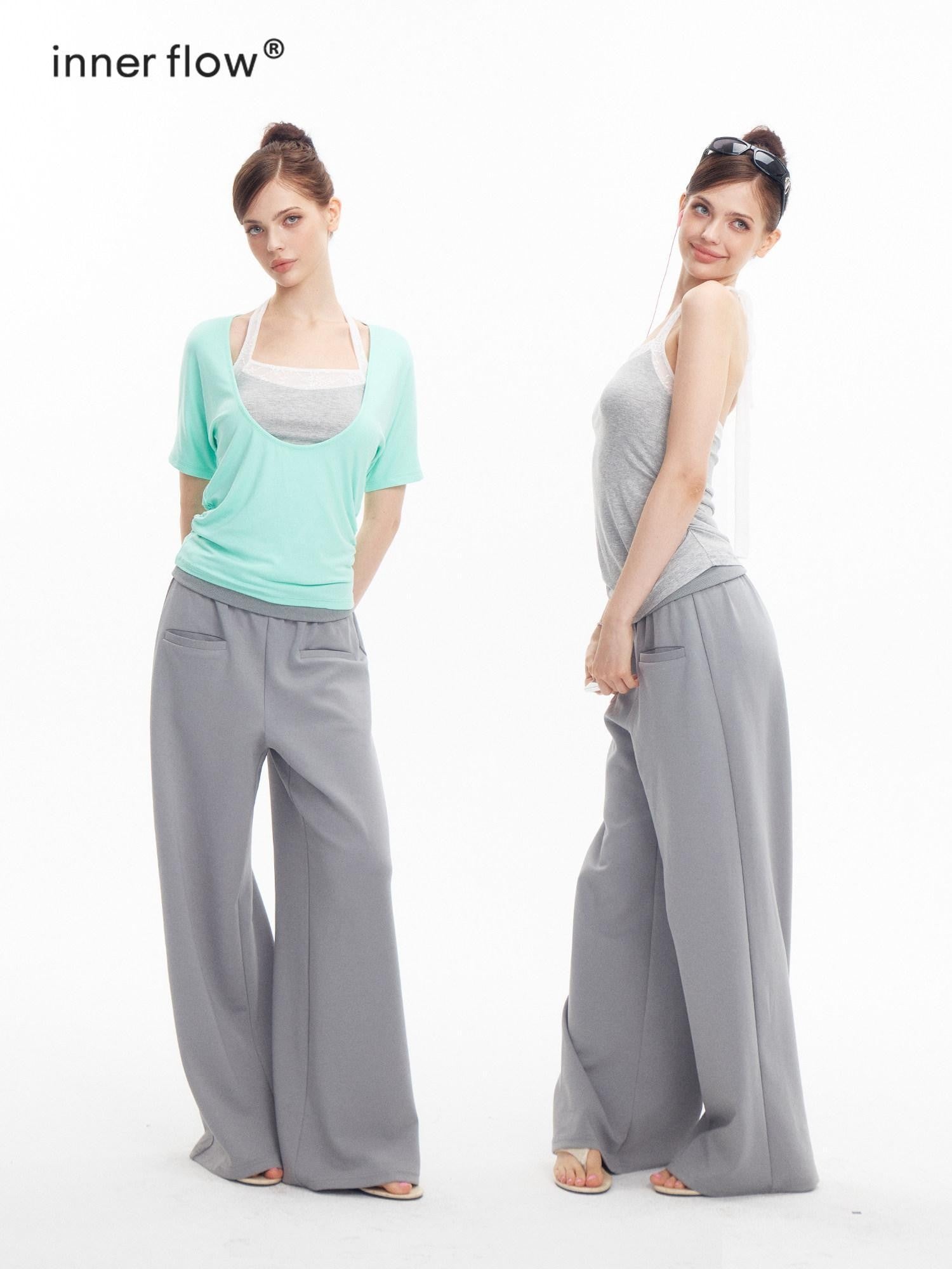 innerflow Mint Green Gray Lace Slim U Neck Halter Women&
