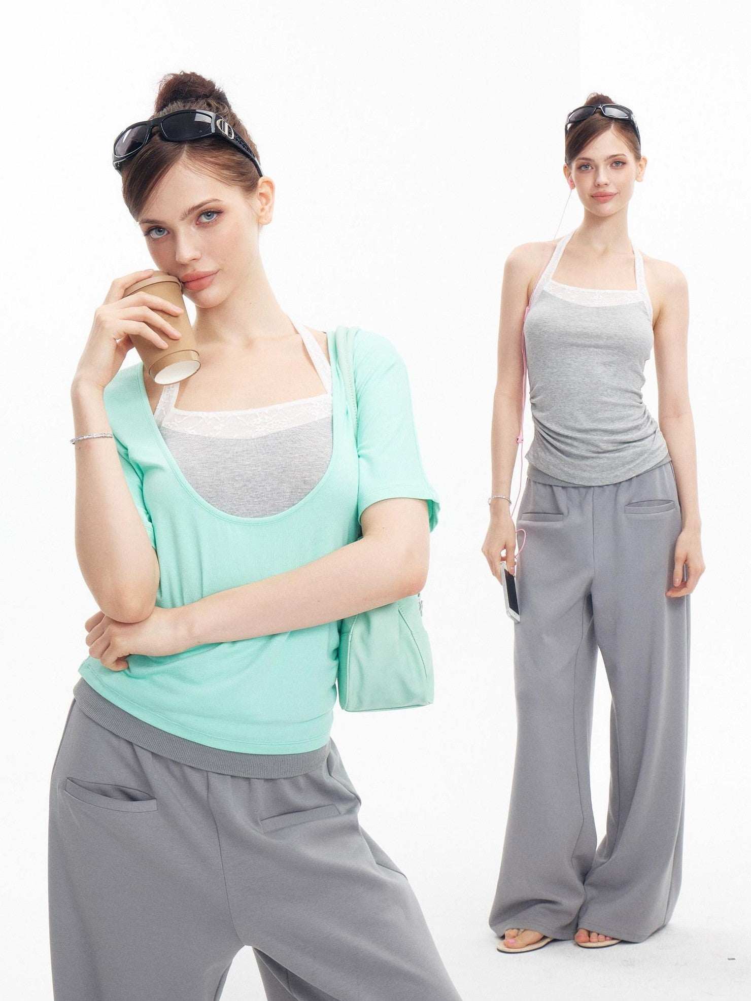 innerflow Mint Green Gray Lace Slim U Neck Halter Women&