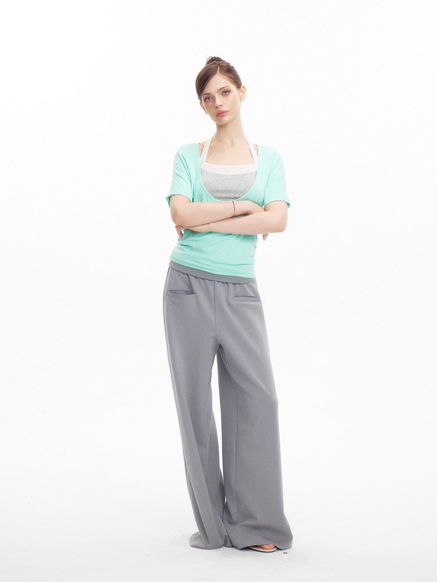 innerflow Mint Green Gray Lace Slim U Neck Halter Women&