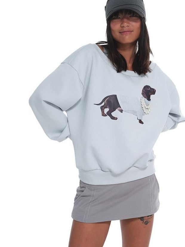 innerflow Misty Blue One Shoulder Dachshund Cartoon Print Women&