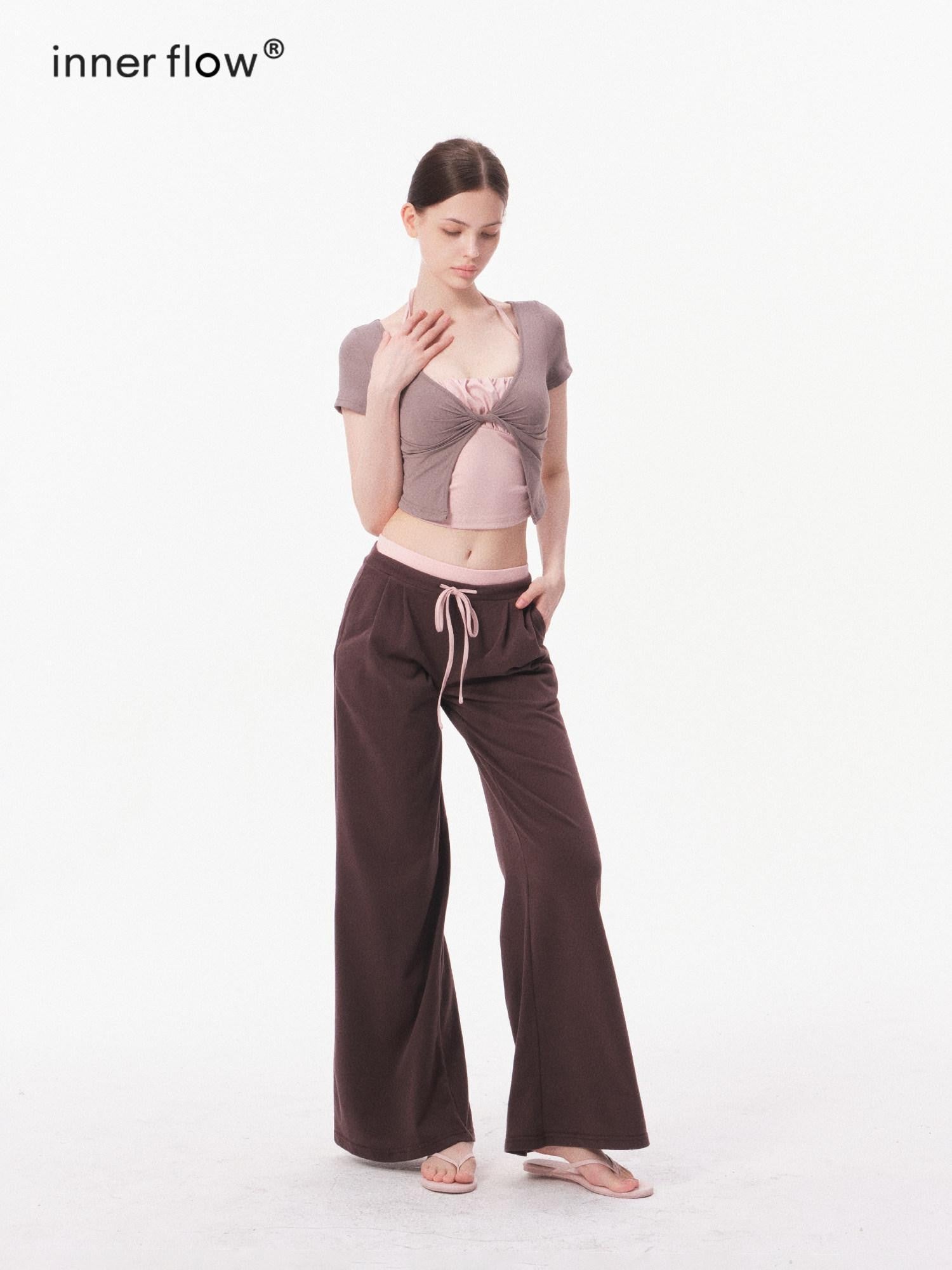 innerflow Nude Skin Cropped Tie Cardigan Camisole High Waist Pants Women&