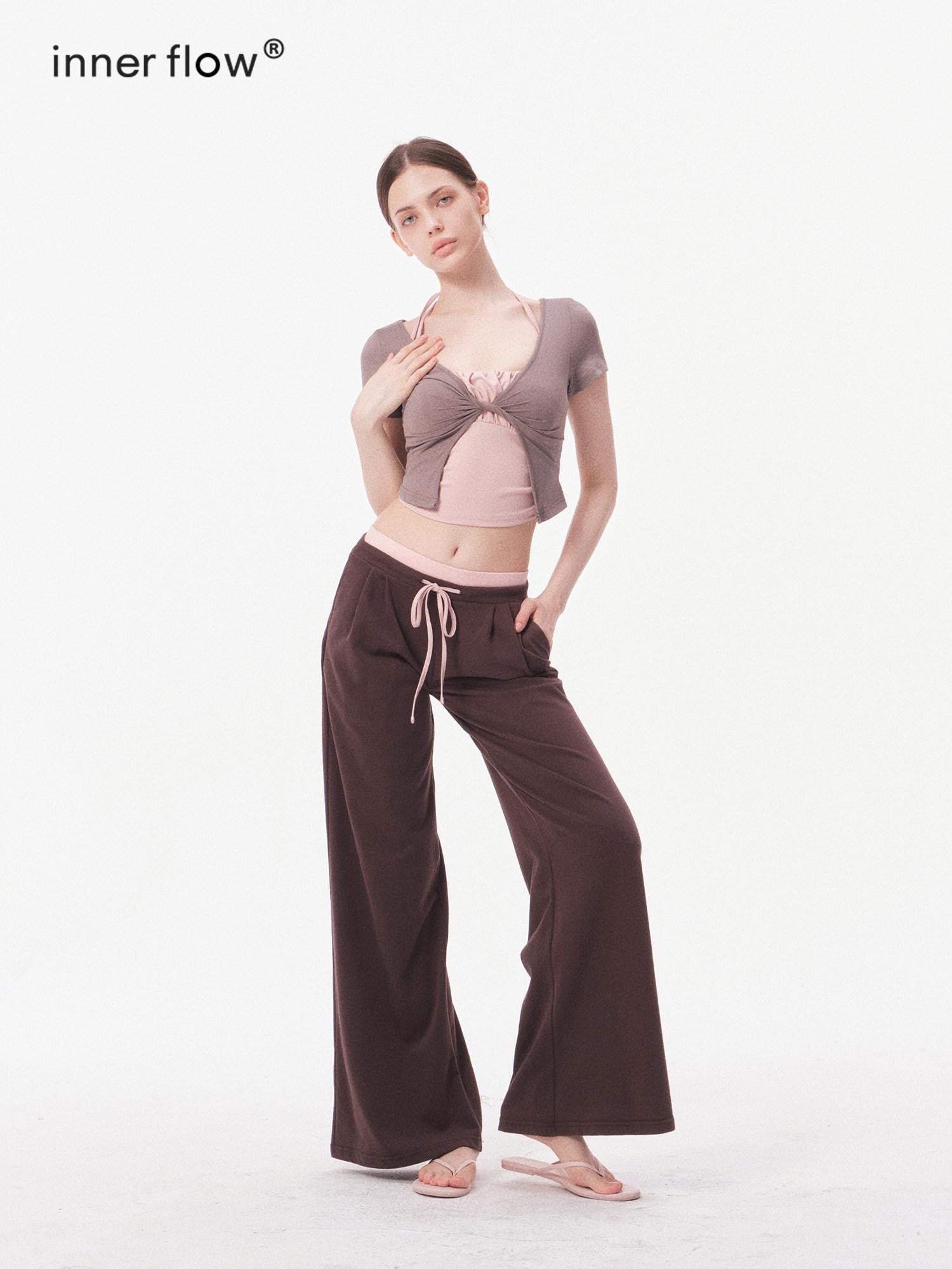 innerflow Nude Skin Cropped Tie Cardigan Camisole High Waist Pants Women&