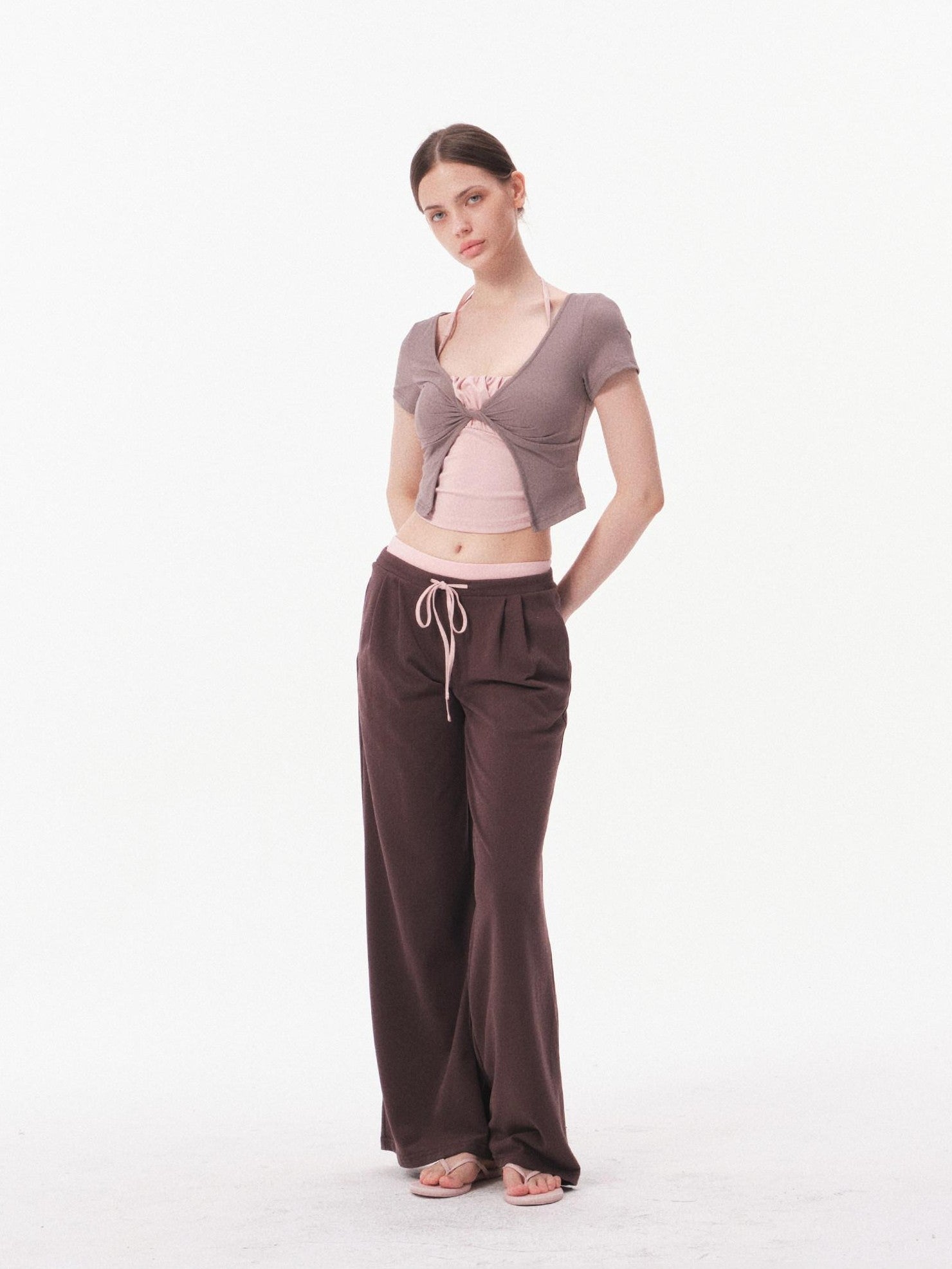 innerflow Nude Skin Cropped Tie Cardigan Camisole High Waist Pants Women&