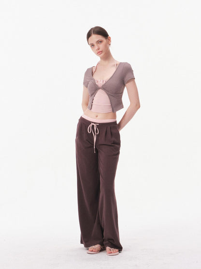 innerflow Nude Skin Cropped Tie Cardigan Camisole High Waist Pants Women&