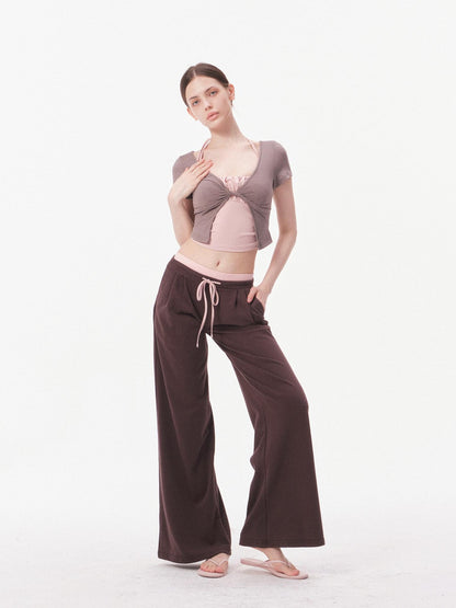 innerflow Nude Skin Cropped Tie Cardigan Camisole High Waist Pants Women&