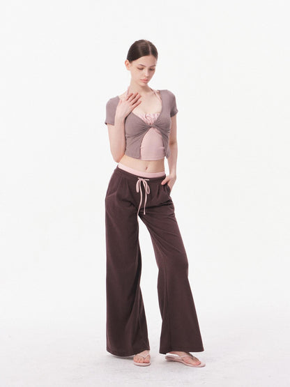 innerflow Nude Skin Cropped Tie Cardigan Camisole High Waist Pants Women&