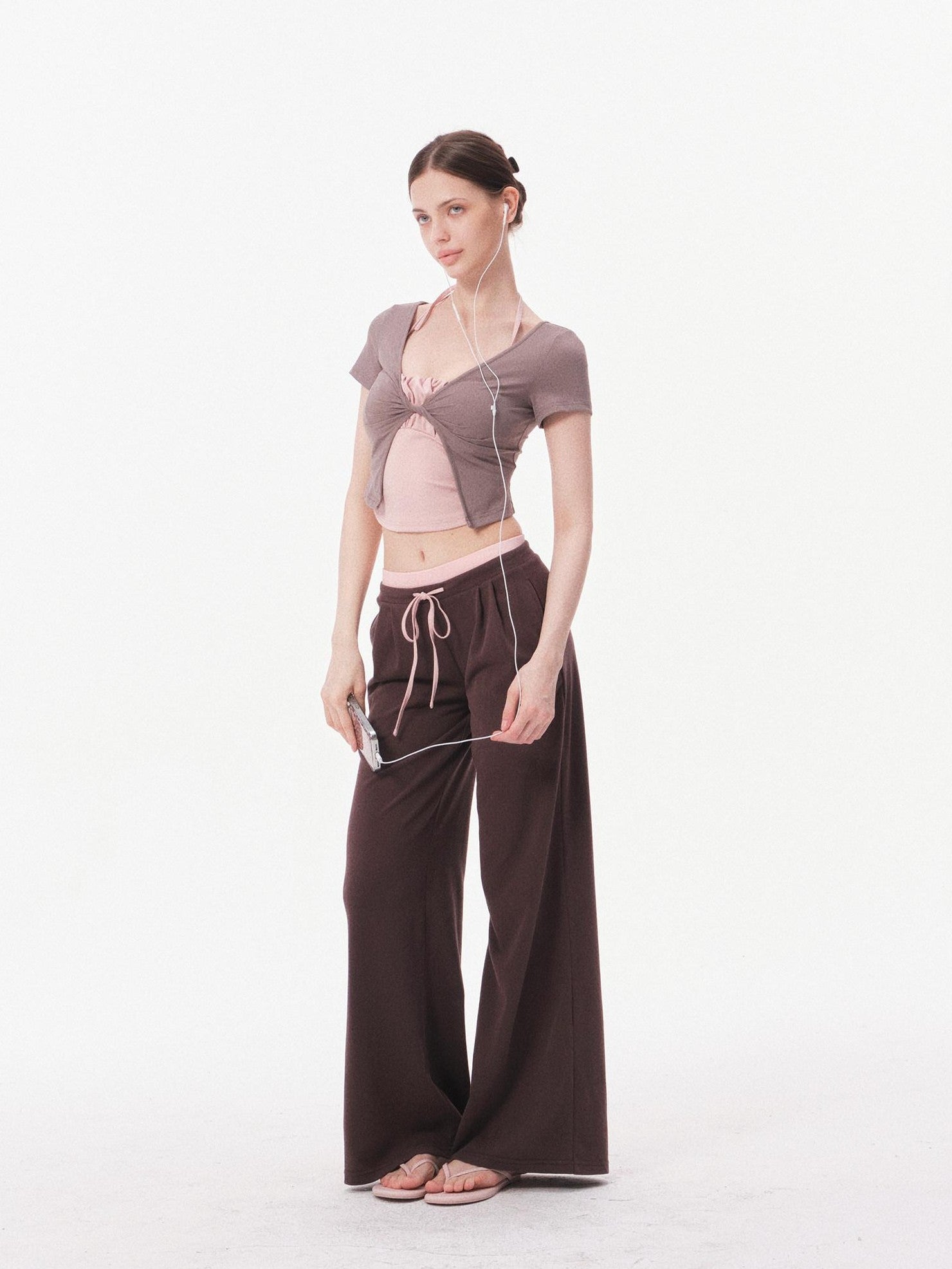 innerflow Nude Skin Cropped Tie Cardigan Camisole High Waist Pants Women&